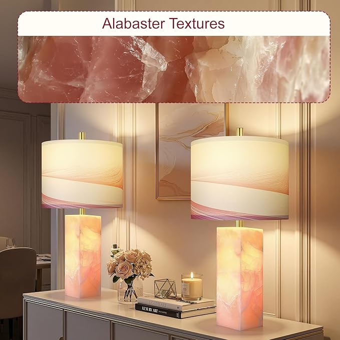 Scenekoy 23" Alabaster Table Lamp Set of 2 with Night Light for Bedroom Living Room, Rotary Switch, Pink Modern Table Lamp with Linen Shade, Nightstand Lamps for Room Bedside Office (Bulb Included)