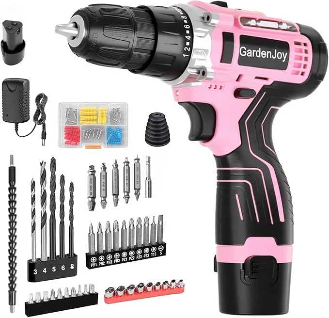 12V Pink Drill Driver Set, Women's Lightweight, 2 Batteries + Fast Charger, 2-Speed, 3/8" Keyless Chuck, 25 Torque Settings, LED for Metal/Wood DIY