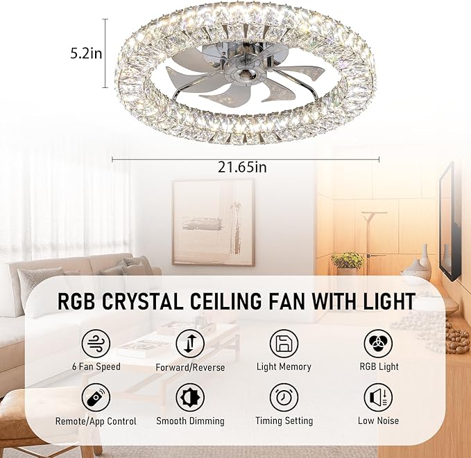 RGB Ceiling Fans with Lights, 22" Low Profile Ceiling Fan with Lights Remote for Bedroom,Smart Bladeless LED Fan Light,Nickel Modern Flush Mount Ceiling Fan Light with Remote/APP Control