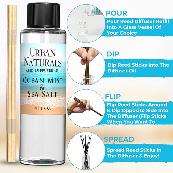 Urban Naturals Ocean Mist & Sea Salt Scented Oil Reed Diffuser Refill | Includes a Free Set of Reed Sticks! 4 oz.
