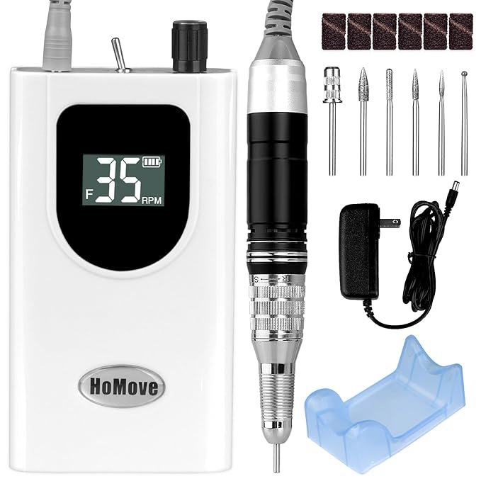 Professional Nail Drill Machine, HoMove 35000RPM Portable Nail Drills, Rechargeable Efile Nails Drill, Low Heat Electric Nail File for Acrylic Gel Nails（Pearl White）