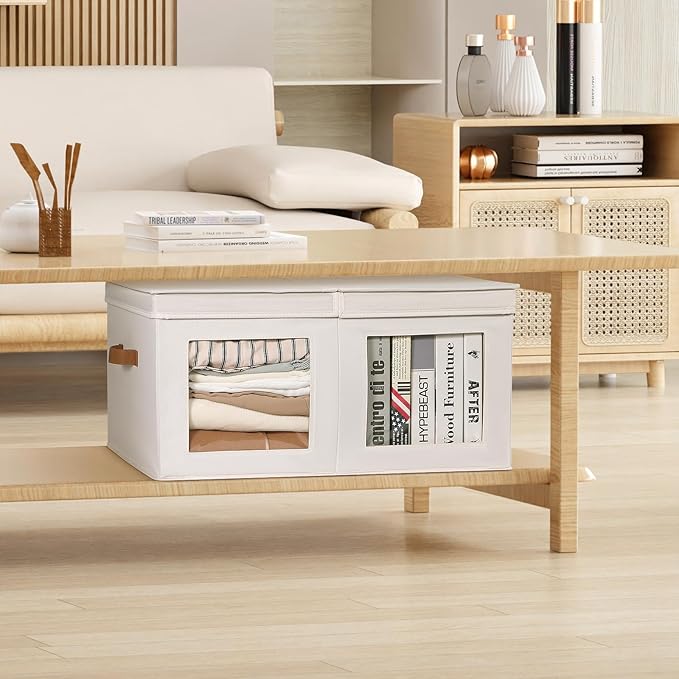 Univivi Large Storage Boxes with Lids, Collapsible Foldable Storage Bins for Clothes, [2-Pack] Fabric Storage Cubes with Handles, Closet Organizers for Home, Bedroom (Beige, 24” x 17” x 12")