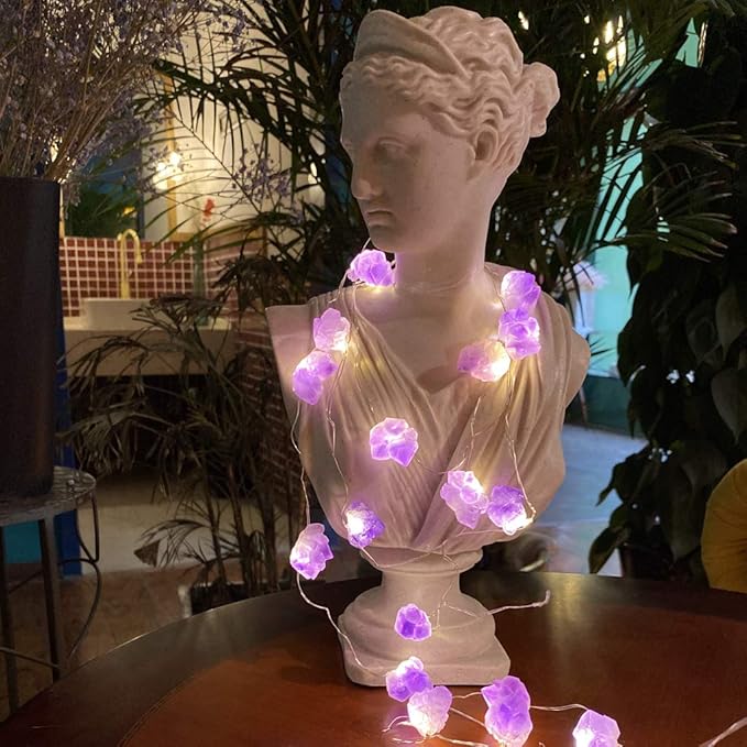 Genuine Amethyst Crystal Decorative Lights Cute Fairy String Lights 10ft 30 Natural Stones with Remote for Bedroom Hanging Ornaments Reiki Party Night Light Wedding Room Décor Mother's Day Gift