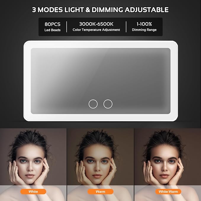 2PCS Car Sun Visor Vanity Mirror with 3 Light Modes & 80 LEDs, Rechargeable LED Cosmetic Makeup Mirror Essentials for Women, Dimmable Touch Control, Universal for Car Truck SUV (Frosted White)