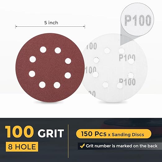 HARFINGTON 150 Pcs 5 Inch Sanding Discs, 100 Grit Hook and Loop Sandpaper, 8-Hole Aluminum Oxide Round Orbital Sander Sandpaper for Woodworking Automotive Metal Polishing, Red