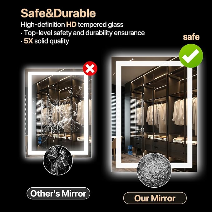36x28 Bathroom Mirror with Light, Anti-Fog Wall Mount Vanity Mirror Dimmable & 3 Color Temperatures, Smart Memory Large Mirrors for Over Sink, UL Listed, Plug in or Hardwire Installation