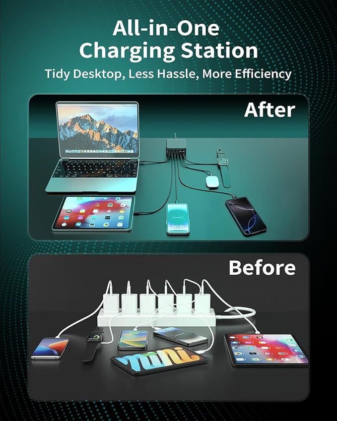 MSTJRY Charging Station for Multiple Devices : 130W 6 Port GaN Fast USB C Charger Station, Compact Multi Port PD 65W 45W Charger for iPhone 17/16 15/14/13/Pro Max