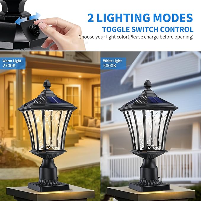 19.6" Solar Post Lights, Dusk to Dawn Outdoor Post Lights Solar Lamp Post Light, Black Pole Lights Outdoor with Pier Mount Base, Waterproof Outdoor Lamp Post for Yard FrontDoor Pathway Garage, 1 Pack