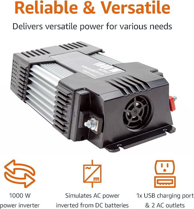 Amazon Basics 1000W Car Power Inverter - 12V to AC 110V, 13.81 x 7.44 x 3.07 inches