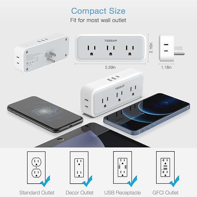 Multi Plug Outlet Extender, USB C Wall Charger, TESSAN Wall Plug Splitter with 5 Outlets and 3 USB, Electrical Power Expander with Surge Protector Spaced for Home Office Dorm Room