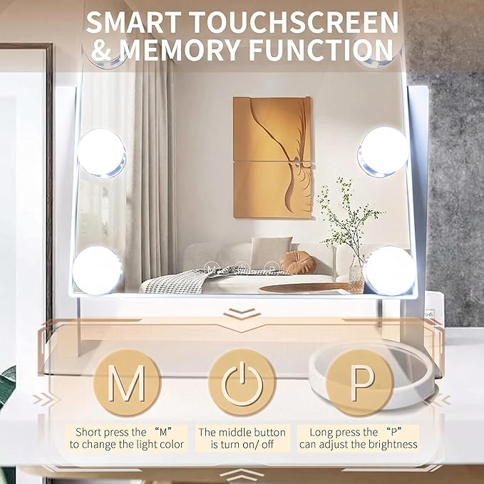 Arched Makeup Vanity Mirror with Lights 18.5"x 14.17" LED Makeup Mirror Detachable 10X Magnification, Hollywood Make Up Mirror with Lighting, Smart Touch, Rechargeable,360° Rotation, (White)