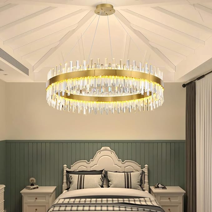 Glam Crystal Chandelier Interior Ring Chandeliers with Remote Dimmable LED Light Adjustable Hanging Lights Luxury Ceiling Pendant Lighting Fixtures for Living Dining Bedroom Foyer Gold Light