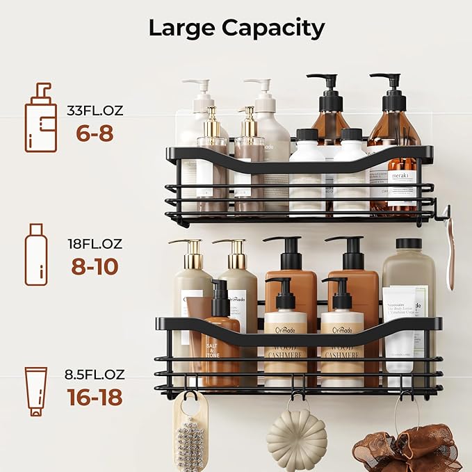 Orimade Shower Caddy Basket Shelf Storage Rack, No Drilling Wall Mounted Adhesive Rust Proof Stainless Steel Shower Organizer with 5 Hooks for Bathroom, Black 2 Pack