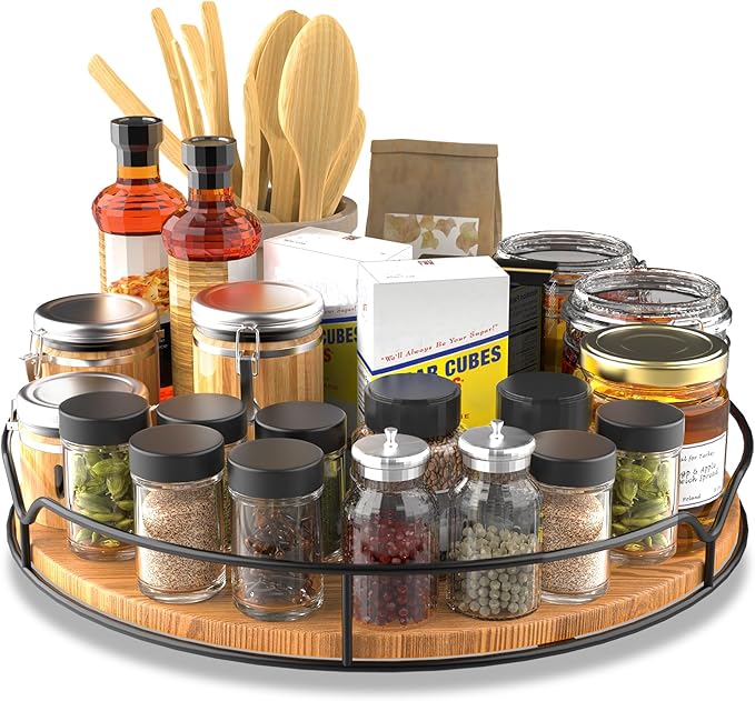 Lazy Susan Turntable Organizer for Cabinet Pantry Kitchen Countertop Refrigerator Cupboard, Pine Wood (Carbonized Black, 14“)
