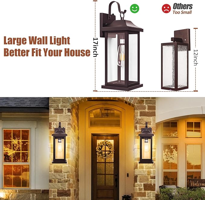 Dusk to Dawn Outdoor Wall Sconces Bronze 2-Pack 17 Inch Large, IP65 Waterproof Exterior Light Fixtures Porch Lights Brown with Clear Tempered Glass E26 Outdoor Light Fixture Anti-Rust