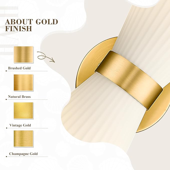 Gold Sconce Wall Lighting, HWH Single Wall Vanity Light Fixture Brushed Gold Wall Sconce Lamp, Modern Indoor Up Down Wall Light with Frosted Milk White Striped Glass Shade, 5HZG97B-2W BG