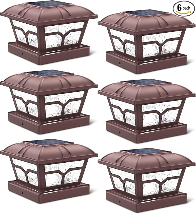 SIEDiNLAR Solar Post Cap Lights Outdoor 2 Color Modes 8 LEDs for 4x4 5x5 6x6 Posts Fence Deck Patio Decoration Warm White & Cool White Lighting Brown (6 Pack)