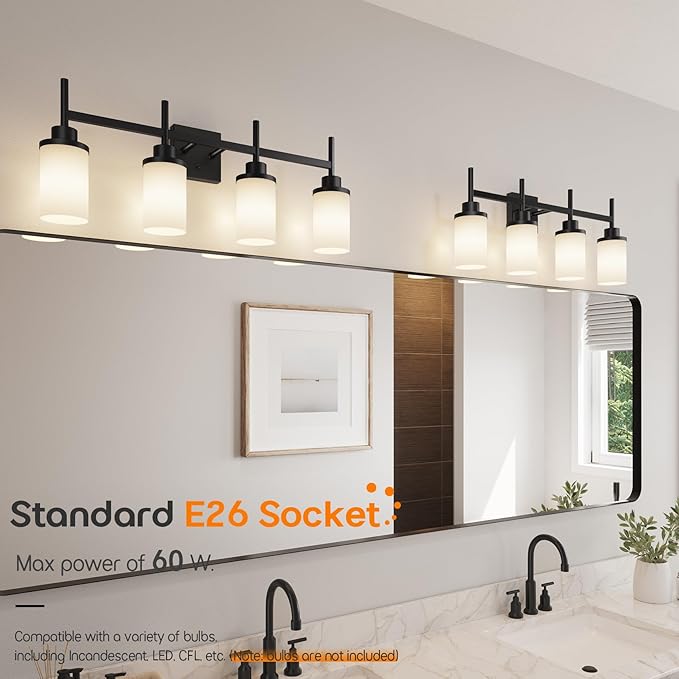 Wall Light Fixtures 4-Light Over Mirror, Matte Black Vanity Lights with White Frosted Glass Shade, Wall Sconces for Bathroom Kitchen T001MB-L4