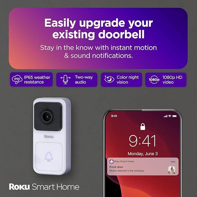 Roku Smart Home Wired Video Doorbell & Chime - 1080p HD Night Vision Ultrawide View Doorbell Camera with Motion & Sound Detection, 2-Way Audio & Works with Alexa & Google, 90-Day Subscription Included
