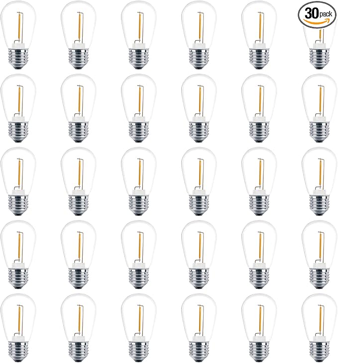 Meconard 30 Pack S14 Edison String Light Bulbs, 1 Watt Replacement Bulbs for Outdoor String Lights, Low Wattage Shatterproof LED Filament Patio Bulbs, E26 Medium Base, 2200K Warm White, Non-Dimmable