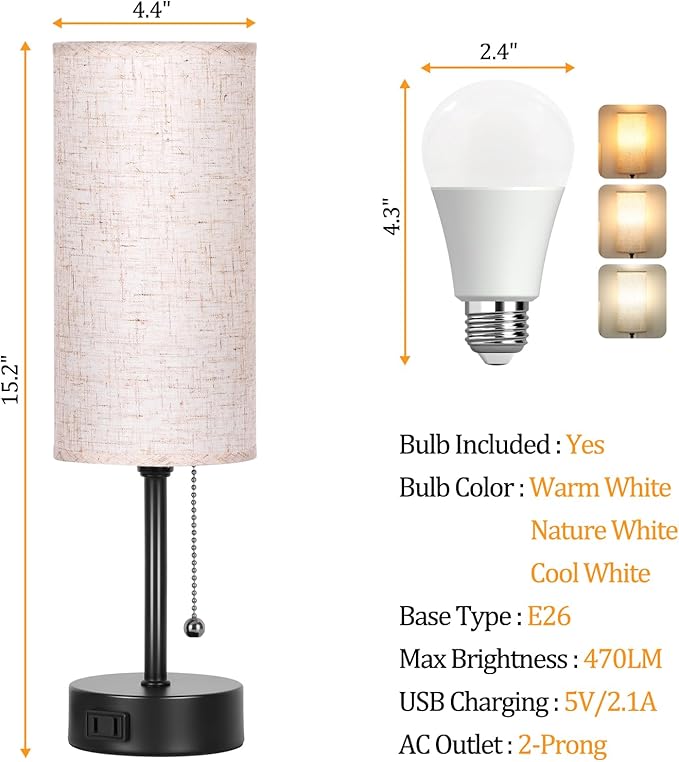 Bedside Table Lamp for Bedroom, 3-Color Small Lamps with Pull Chain, Bedroom Table Lamps for Night stands,Desk Reading Light AC Outlet Nightstand Lamp for Living Room Decor/Dorm/Office Bulb Included