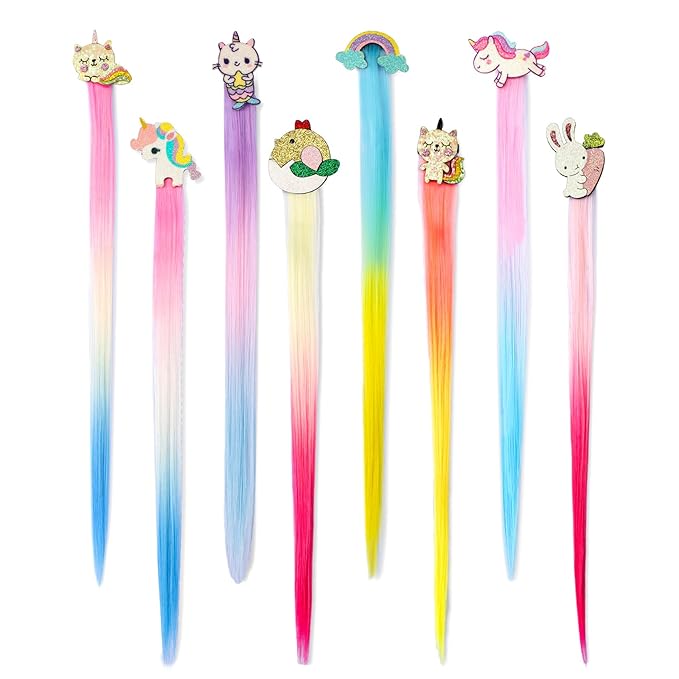8 Pieces Hair Clips for Girls, Animal Straight Rainbow Hair Extensions for Kids, Little Girl Hair Clips Accessories for Girls Toddler Kids Ponytails