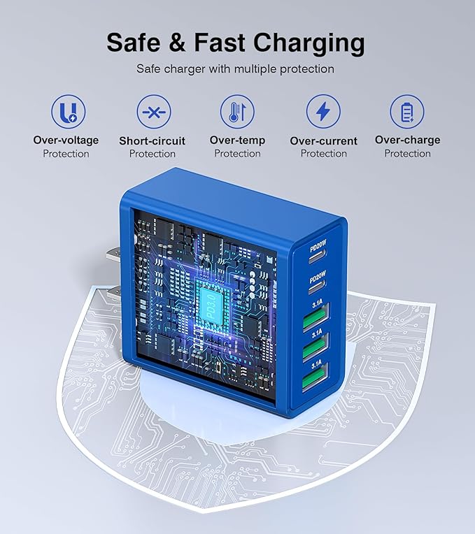 USB C Wall Charger, 60W USB C Charger Block 2-Pack 5-Port PD Fast Charging Blocks,Multiport 2USB C+3USB A Plug,Type C Power Adapter Brick Cube for iPhone 17/16/15/14/13,Samsung,for Switch（Dark Blue）