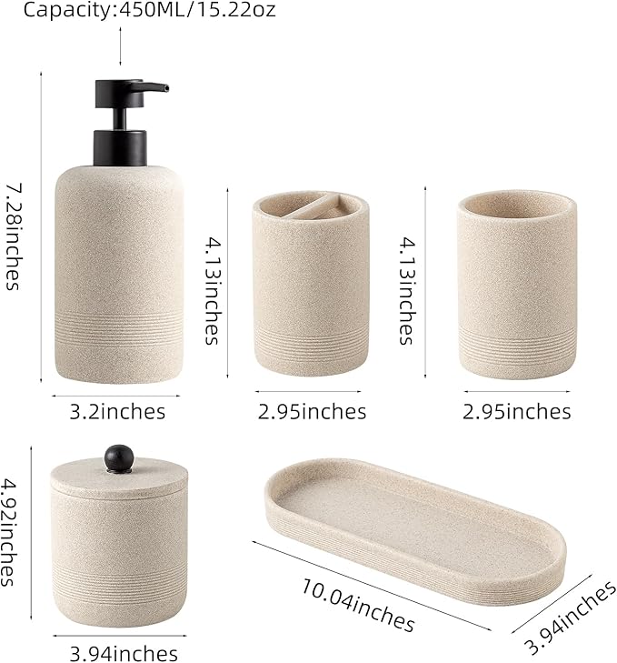 Bathroom Accessories Set, 6 PCS Modern Bathroom Accessory Set with 15.2 OZ Soap Dispenser, Toothbrush Holder, Vanity Tray, Tumbler, 2 PCS Qtip Holders (Beige)