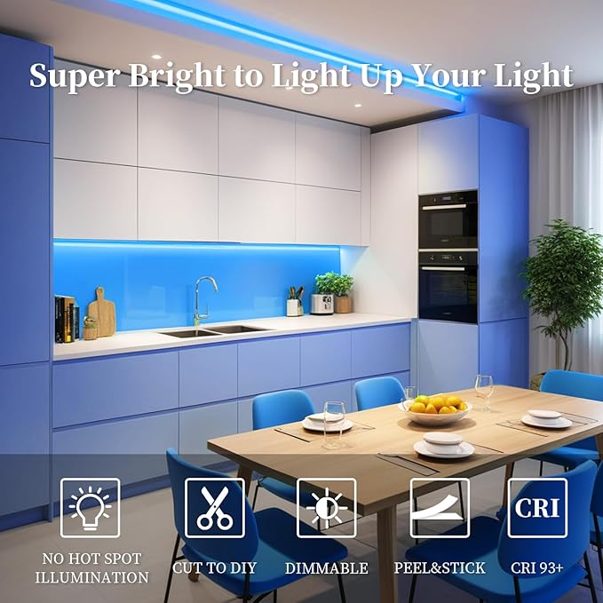 iNextStation 16.4FT 5M Bule COB LED Strip Light, DC12V CRI 93+ Bule Light Strip, 8mm Width LED Tape Lights, Dimmable COB Strip Light for TV Backlight, Bedroom, Kitchen, Lighting Decor(with Plug)
