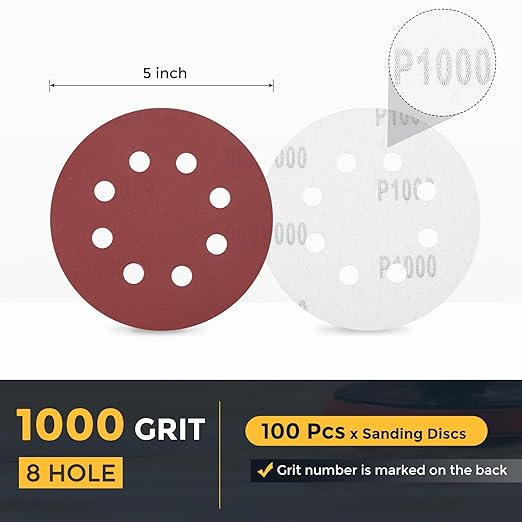 HARFINGTON 100 Pcs 5 Inch Sanding Discs, 1000 Grit Hook and Loop Sandpaper, 8-Hole Aluminum Oxide Orbital Sander Sandpaper for Woodworking Automotive Metal Polishing, Red