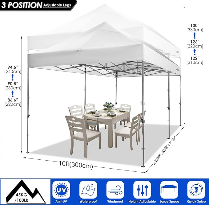 COBIZI 10x20 Heavy Duty Pop up Canopy Tent with 6 sidewalls Easy Up Commercial Outdoor Wedding Party Tents for Parties All Season Wind & Waterproof Gazebo Roller Bag,White(Frame Thickened)