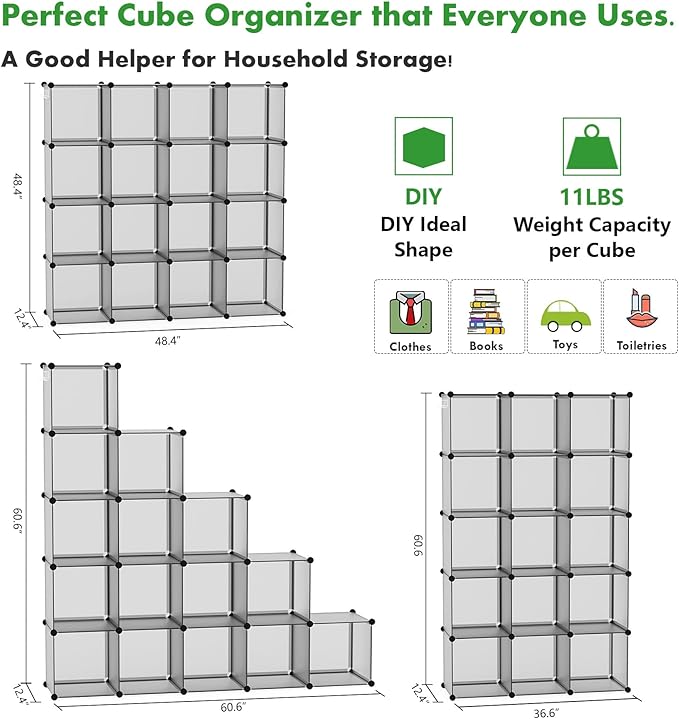 C&AHOME 16-Cube Storage Organizer, Plastic Shelves Units, DIY Closet Organizer, Modular Shelves Ideal for Home, Bedroom, 48.4" L 12.4" W 48.4" H Grey UPCS16G