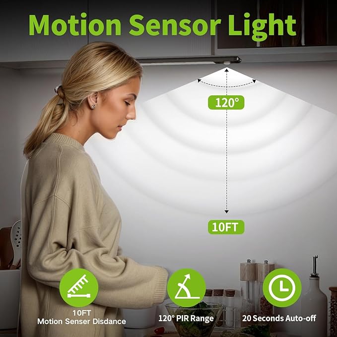 Motion Sensor Under Cabinet Lighting-Magnetic Rechargeable Closet Lights for Kitchen,Stairs,Wardrobe | 3-Color Dimmable LED Under Counter Lighting | Cord-Free Light Bars (12inch-2Pack)