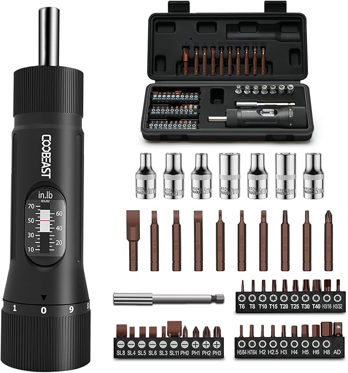 49 Pcs Torque Screwdriver 10-70 Inch Pound Torque Screwdriver Set with S2 Bits & Sockets, 1/4” Drive Torque Wrench Screwdriver Set for Maintenance, Tools, Bike Repairing and Mounting