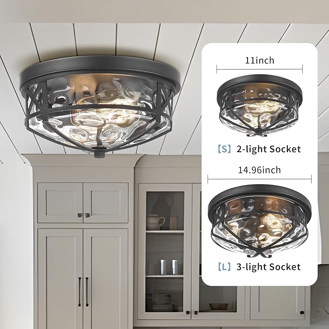 Darkaway 15inch Ceiling Light Fixtures Large Flush Mount Light Fixtures with Water Ripple Glass Shade, Indoor Outdoor Ceiling Light for Kitchen Bathroom Bedroom Hallway Entry Porch