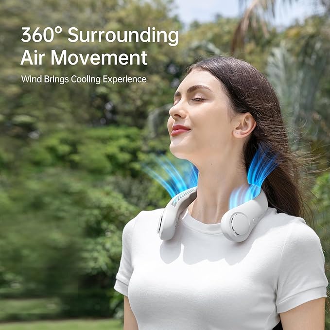 JISULIFE Portable Neck Fan, Hands-Free Bladeless, 5 Speeds, 4000 mAh Battery Operated Wearable Personal Fan, Twistable, Rechargeable, Gift for Women Men-Grey