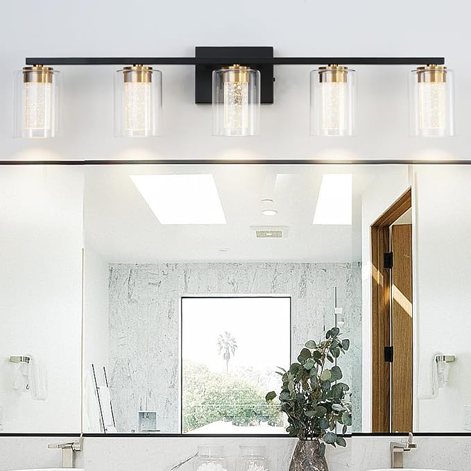 EMONG 5-Light Black&Gold Bathroom Light Fixtures,Dimmable 5CCT LED Vanity Lights with Clear Glass,2700K-6500K Adjustable Crystal Bubble Black Bathroom Vanity Light Over Mirror for Hallway