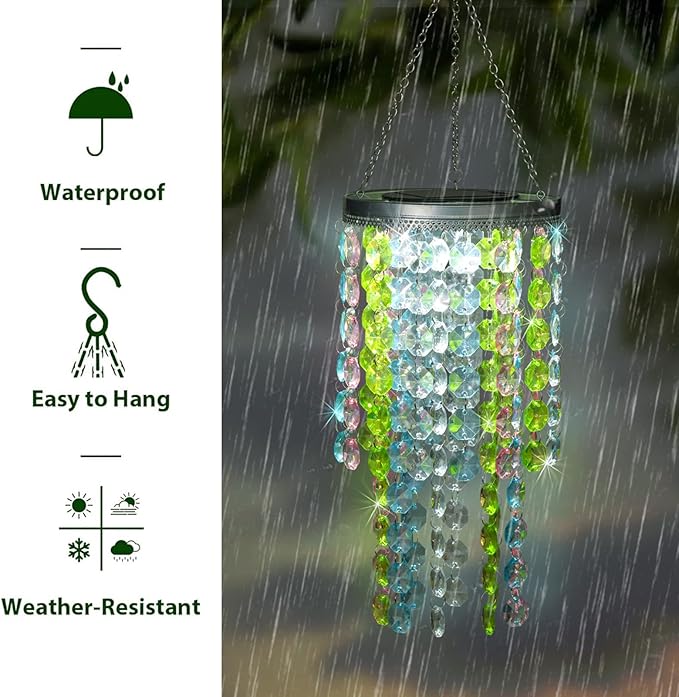 Hanging Solar Crystal Chandelier Outdoor, 21” Modern Solar Multicolor Acrylic Beaded Lantern with Cool White LED S Hooks for Garden Yard Patio Gazebo Outside Decor