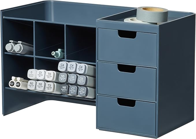 BLUE GINKGO Hive Stack Desk Organizer – Stackable Pen Holder, Stationary Organizer with Drawers - Office Storage, School Supplies, Makeup (Made in Korea, Blue)