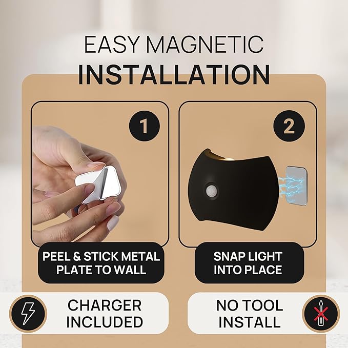 Battery Operated Wall Sconces Set of Two, Rechargeable Wireless LED Wall Lights — Motion Sensor, No Drill Magnetic Mount, 3 Modes, for Bedroom Hallway Stairs, Black