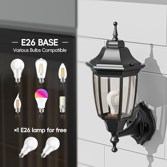 EMART Outdoor Front Porch Light, Exterior Anti-Corrosion, Waterproof Aluminum & Glass Shades Wall Lamp Fixture, Modern Sconce Lantern for Outside, House, Garage - 2 Pack, Black （Bulb Included）