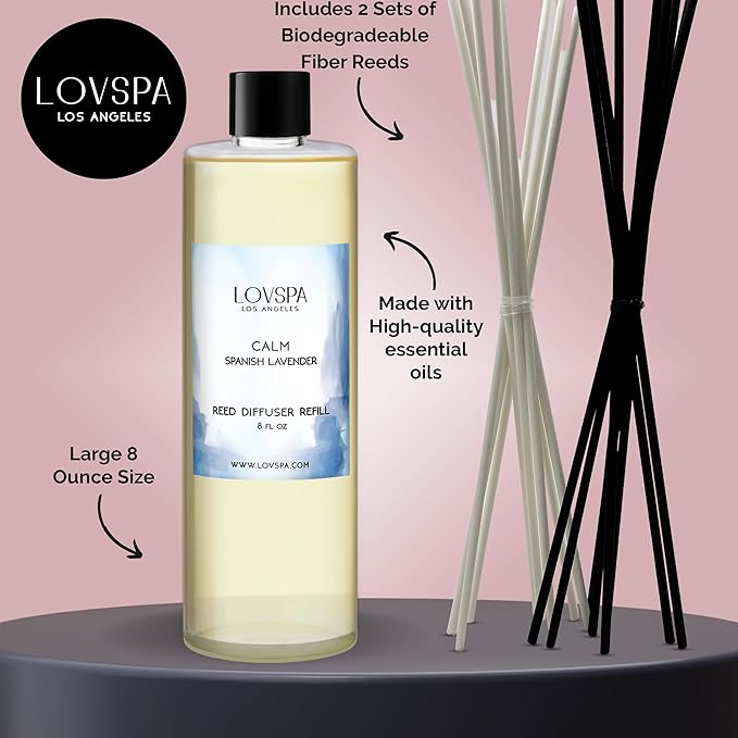 LOVSPA Calm Spanish Lavender Diffuser Oil - Essential Oils for Diffuser Refill & Air Freshener Room Spray - Long-Lasting & Natural Home Fragrance, Scented Oil for Diffusers, USA Made, 8 oz
