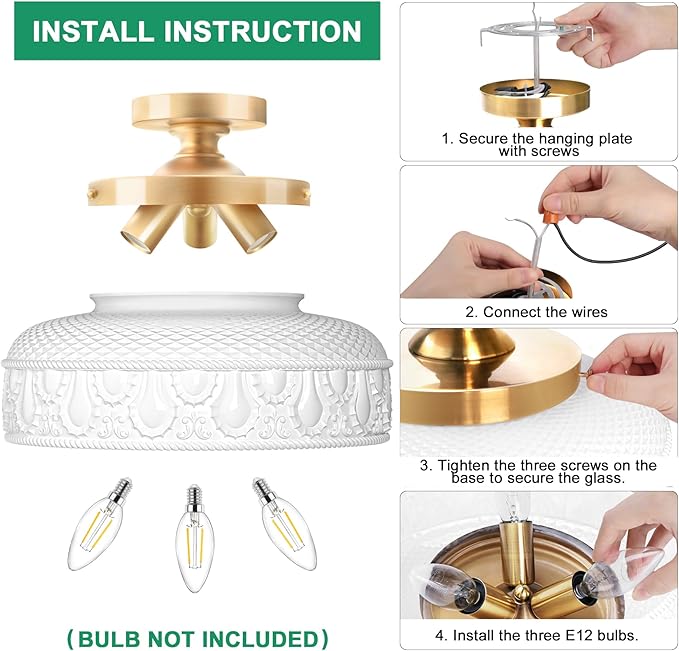 Lamomo Semi Flush Mount Ceiling Light,White Glass Shade Gold Hallway Light Fixture,3-Bulb Globe Glass Close to Ceiling Scone,Indoor Hanging Light for Bedroom Kitchen Porch Hallway,Bulbs Not Included