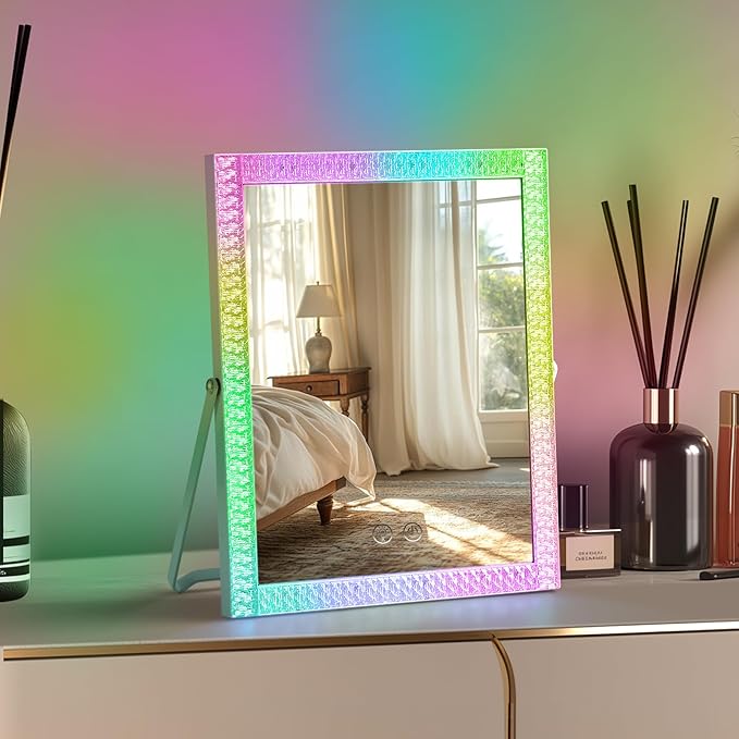 Vanity Mirror with Lights,RGB & 3 Dimmable Light Modes Makeup Mirror with Touch Control,Light Up Mirror for Desk,360°Rotation,12.4x10 Inch