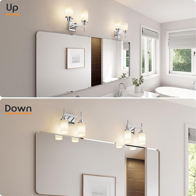 Vanity Lights Polished Chrome Bathroom Light Fixtures with White Frosted Glass Shade, Double Wall Sconces for Mirror Hallway Entrance Porch T001CH-L2