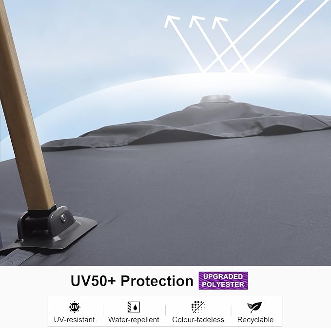 PURPLE LEAF 10FT Patio Umbrella Square Cantilever Umbrella Teak Finished Aluminum Frame Large Windproof Offset Outdoor Sun Umbrellas for Beach Pool Deck, Grey