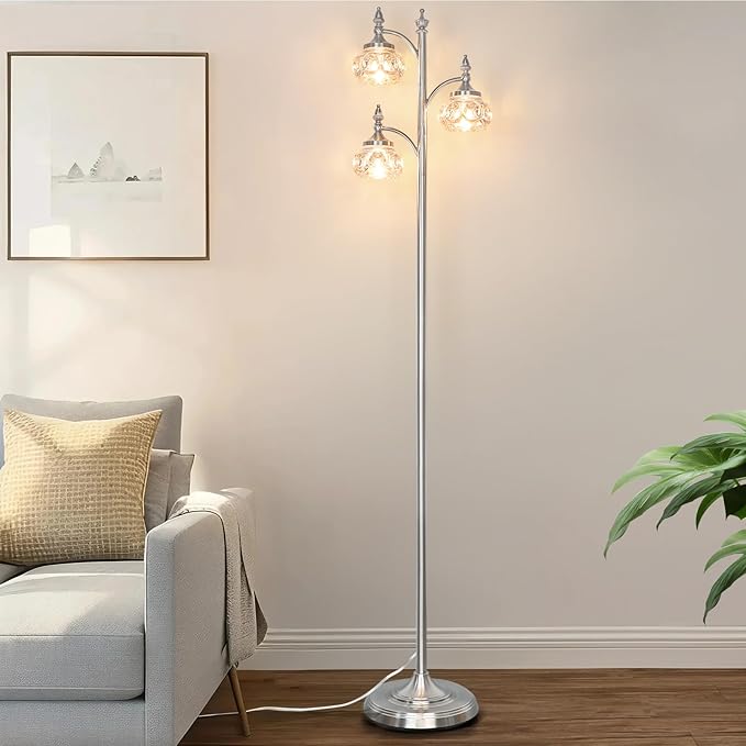 Brushed Nickel Floor Lamp 66.5'' Tall Standing Lamp Dimmable Tree Floor Lamps with 3 LED Lights Glass Shades Silver Lamp for Living Room Bedroom Office(3 Bulbs Included)