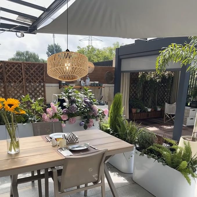 Outdoor Solar Chandelier Indoor Gazebo Lights Waterproof Pendant Hanging Light for Pergola Camping Home Decor Boho Rattan Lampshade Farmhouse Shed Solar Powered Dimmable Remote Control