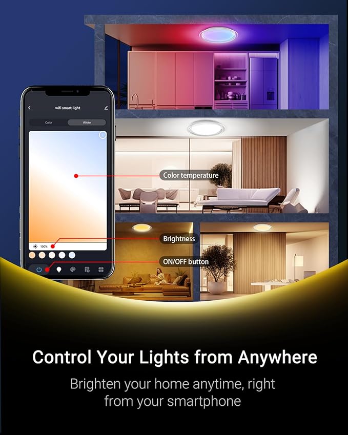 1-Pack, 21 inch Smart LED Music Ceiling Light with Bluetooth Speaker, Compatible with Alexa & Google Home, Color Changing RGB Dimmable Light for Living Room, Bedroom, Kitchen