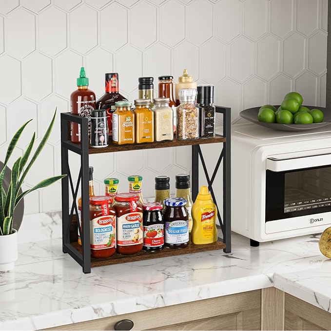 YINMIT Countertop Shelf Organizer,Coffee Bar Accessories,Spice Rack,Coffee Counter Shelf,2 Tier Coffee Organizer Station for Mugs,Cups,Cream,Syrup(Rustic Brown,Large)